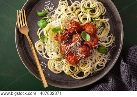 keto paleo diet zoodles spiralized zucchini noodles with meatballs and parmesan