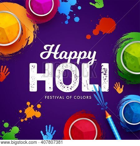 Holi Background. Colorful Holi Powder, Color Splash And Water Gun On Dark Purple Background. Vector