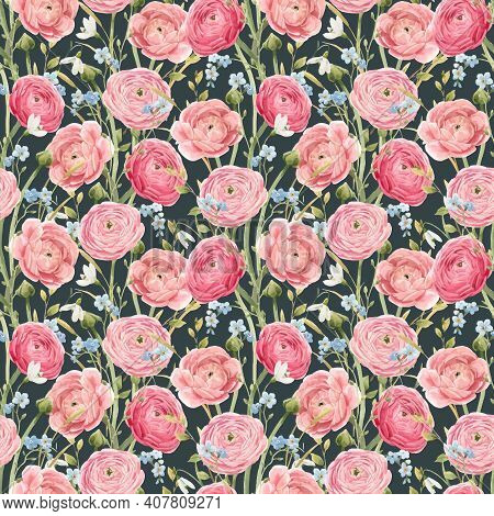 Beautiful Vector Seamless Floral Pattern With Watercolor Gentle Red Summer Flowers. Stock Illustrati