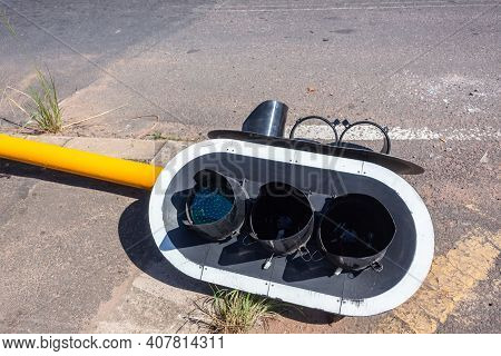 Traffic Lights Poles Accident Floored Road