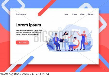 Technician Visiting Office For Air Conditioner Repair. Office Workers, Overall, Tool Box Flat Vector