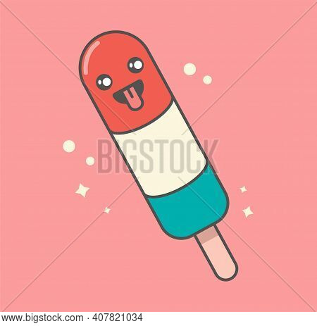 Kawaii Icon With Ice Cream. Logo Of Healthy Ice Cream Without Sugar From Natural Products, The Conce
