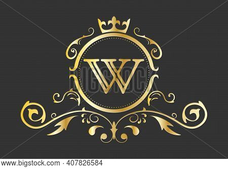 Golden Stylized Letter W Of The Latin Alphabet. Monogram Template With Ornament And Crown For Design