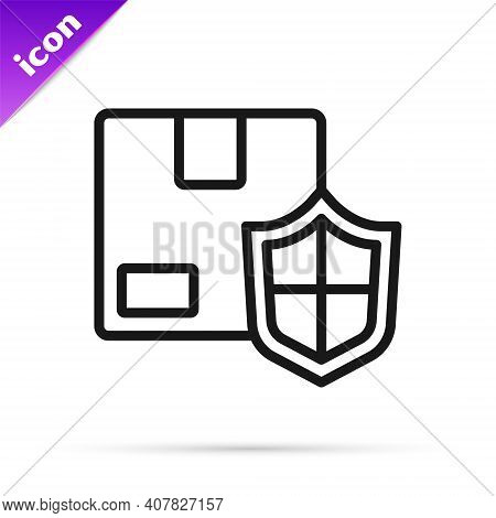 Black Line Delivery Security With Shield Icon Isolated On White Background. Delivery Insurance. Insu