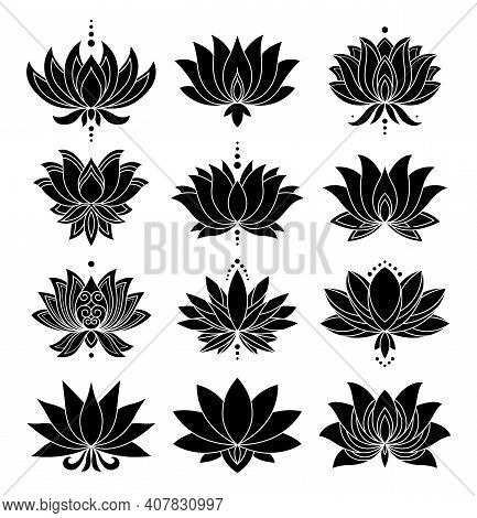Otus Icons Set. Blooming Flowers. Monochrome Blooming Plants, Various Petals Black Symbols. Blossom,