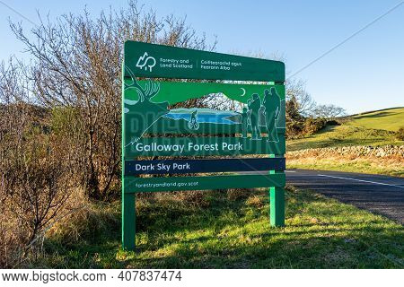 New Galloway, Scotland - December 21st 2020: Entrance Sign To The Galloway Forest Park Near New Gall
