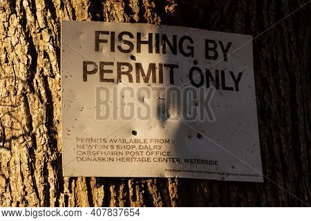 Dalry, Scotland - December 21st 2020: Close Up Of A White Dalry Angling Association Sign Warning Of 