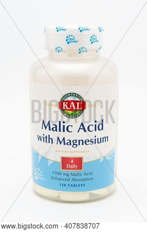 Kal Malic Acid With Magnesium 120 Tablets. Isolated On White Background. Vertical Shot.