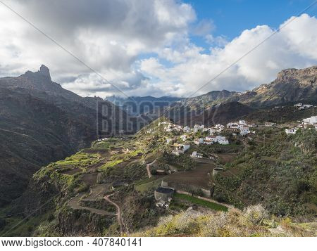 Tejeda, Gran Canaria, Canary Islands, Spain December 15, 2020: Main Street In Tejeda With Church Nue