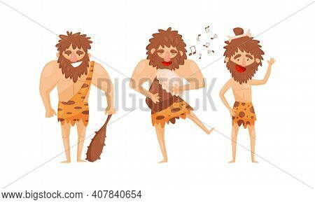 Hairy Bearded Stone Age Man Character Wearing Animal Skin Holding Stick And Beating The Drum Vector 