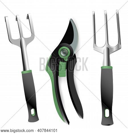 Garden Tool Set, Vector Illustration, Fork, Rake, Agriculture Equipment. Realistic Gardening Tools, 