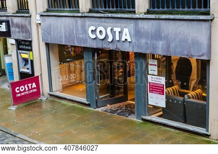Chester; Uk: Jan 29, 2021: Costa Coffee On Watergate Street Is A National Chain Coffee Shop Which Is