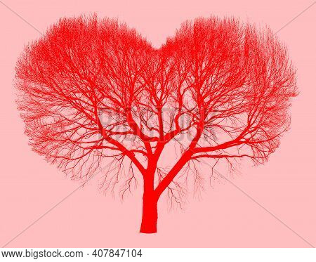Happy Valentines Heart Tree. Silhouette Of A Leafless Tree. Pink Background.