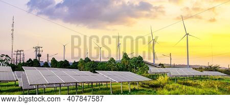 Shadow Of Industrail Factory Plant With Green Fields In The Morning, Panorama View Of Industrail Fac