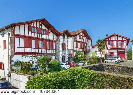 Street With Historical Houses In Ainhoa, Pyrenees-atlantiques, France