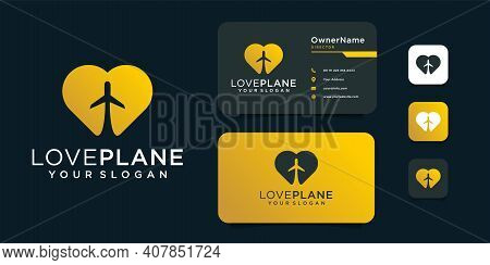 Love Plane Logo Design With Business Card Template. Logo Can Be Used For Icon, Brand, Identity, Trav