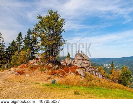 Granite Rock Formation With Lookout Platform On The Top. Tanvaldsky , Jizera Mountains, Czech Republ