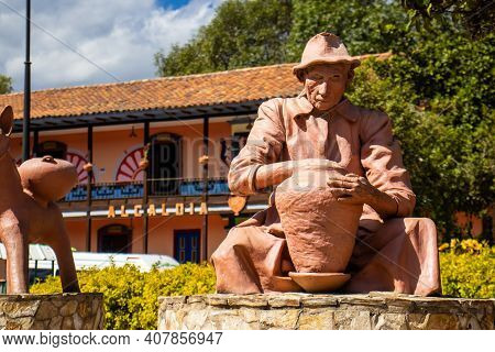 Raquira, Colombia - February 2021. Beautiful Clay Statues At Raquira City Main Square.the City Of Po