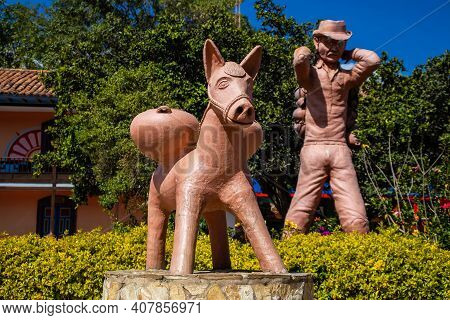 Raquira, Colombia - February 2021. Beautiful Clay Statues At Raquira City Main Square.the City Of Po
