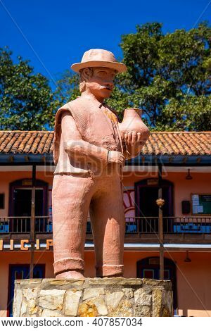 Raquira, Colombia - February 2021. Beautiful Clay Statues At Raquira City Main Square.the City Of Po