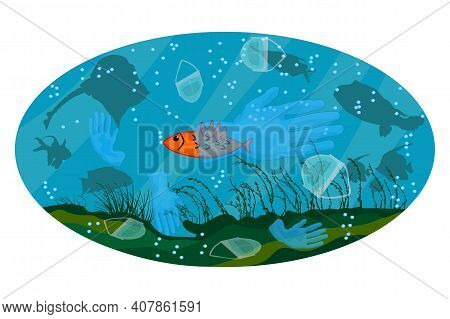 Face Masks And Latex Gloves In Water. Sea Fish Swims In Ocean With Garbage. Coronavirus Plastic Wast