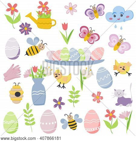Spring Time And Easter Collection Of Cute Elements On White Background. Egg, Bee, Cloud, Bird, Flowe