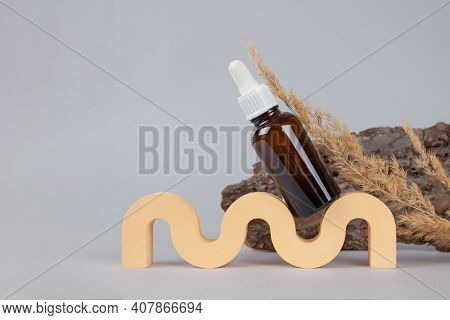 Mockup Image Of Dropper Bottle With Modern Organic Cosmetics - Polyglutamic Or Hyaluronic Acid, Seru
