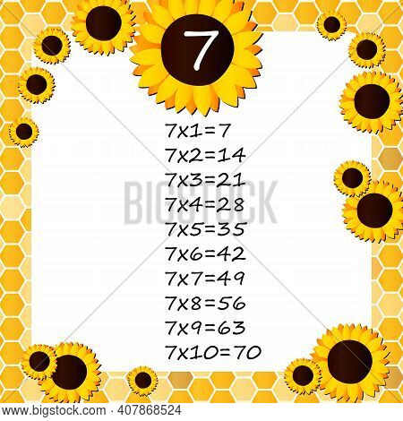 Multiplication Square. School Vector Illustration With Sunflowers And Honeycomb Shapes. Multiplicati