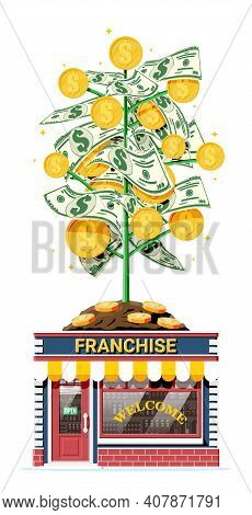 Successful Franchise Business With Money Tree. Franchising Shop Building Or Commercial Property. Rea