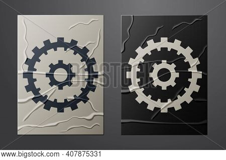 White Bicycle Cassette Mountain Bike Icon Isolated On Crumpled Paper Background. Rear Bicycle Sprock