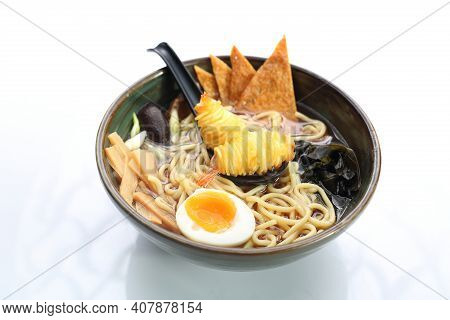 A Traditional Japanese Ramen With Shrimps, Isolated On White.