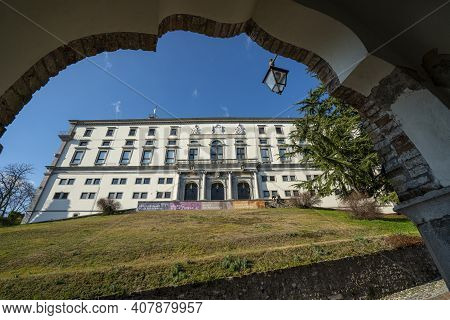 Udine, Italy. February 11, 2020. View Of The Castle Building On The Homonymous Hill In The City Cent