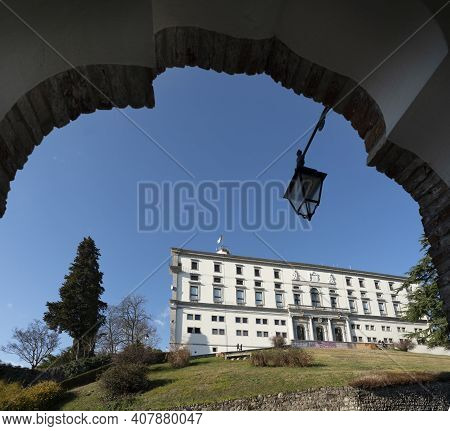 Udine, Italy. February 11, 2020. View Of The Castle Building On The Homonymous Hill In The City Cent