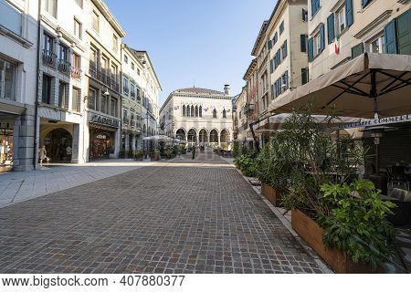 Udine, Italy. February 11, 2020.  Panoramic View Of Mercatovecchio Street In The City Center