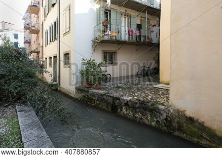 Udine, Italy. February 11, 2020. The Millrace That Runs Through The City Center