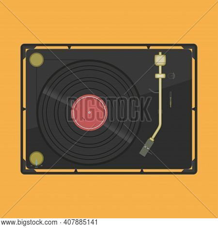 Vinyl Player With A Vinyl Disk. Modern Gramophone Player With Black Musical Vinyl On The Orange Back