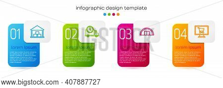 Set Line Warehouse, Logistics Delivery Truck And Clock, And Shopping Cart On Computer. Business Info