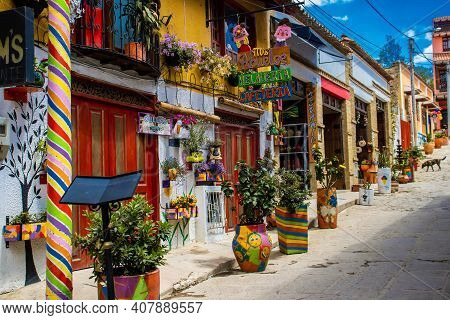 Raquira, Colombia - February 2021. Beautiful Streets And Houses Of The Small Town Of Raquira. The Ci