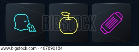 Set Line Vomiting Man, Medical Protective Mask And Apple. Black Square Button. Vector