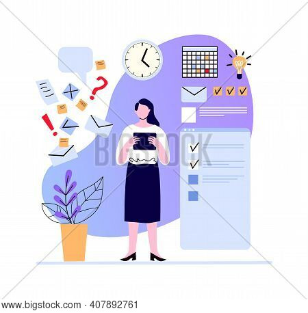 Woman Make Plan And Set Task, Week Goals. Illustration Business Plan, Planner Calendar, Productivity