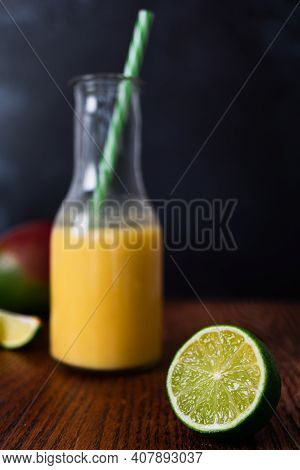 Drinks Photography Shot Of Fresh Fruit Smoothie Seen Out Of Focus In Background With Fresh And Jiucy