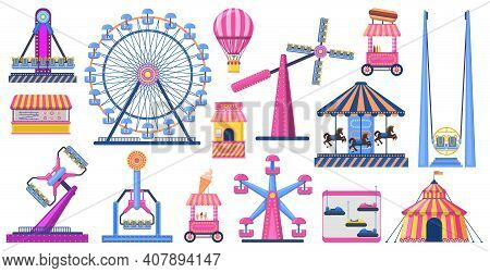 Attractions Festive Park. Amusement Park Attractions, Ferris Wheel, Circus Tent. Carnival Entertainm