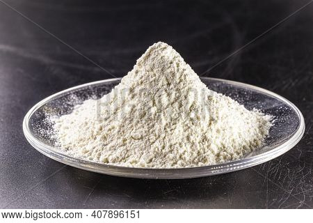 Pile Of Calcium Sulfate On White Background, Known As Micronized Alabaster Or Micronized Plaster