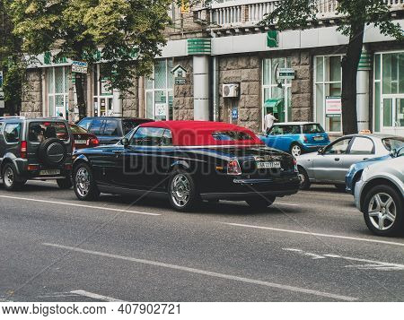 Kiev, Ukraine - June 11, 2011: Luxury Car Rolls-royce Phantom Drophead Coupe In The City. Black Car 