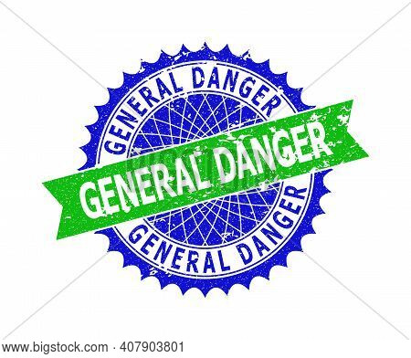 Vector General Danger Bicolor Stamp Seal With Distress Surface. Blue And Green Colors. Flat Seal Imp