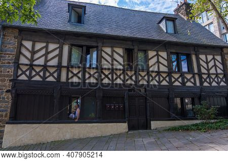 Saint-brieuc, France - August 24, 2019: Facade Of Fachwerk House On The Street In Saint-brieuc, Brit