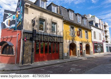 Saint-brieuc, France - August 24, 2019: Apartment Buildings With Shops And Cafes On The Street In Sa