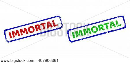 Vector Immortal Framed Rubber Imitations With Scratched Surface. Rough Bicolor Rectangle Seal Stamps