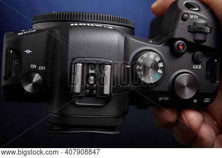 St. Petersburg, Russia - January 9, 2021: On Mirrorless Camera Of Canon Eos R6 Mode Dial Has Three C