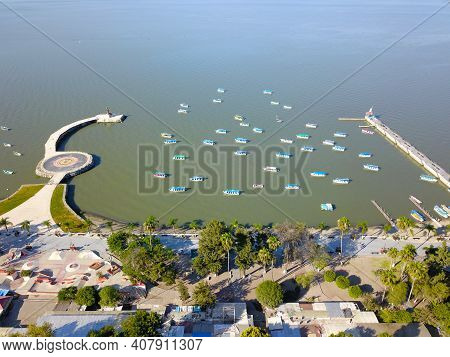 Aerial View Of The Chapala Boardwalk Seen From The Town, Jalisco